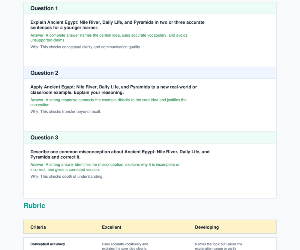 Generated Ancient Egypt assessment preview about the Nile River, daily life, and pyramids