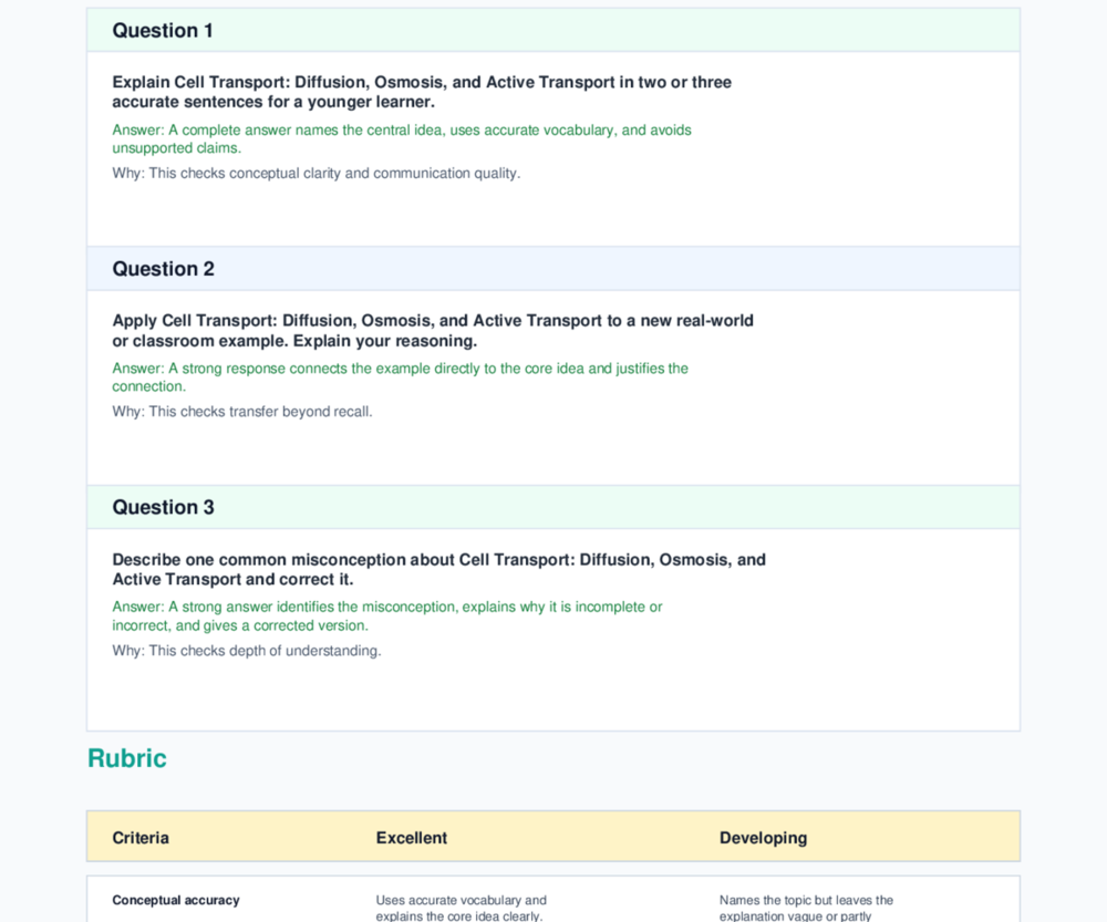 Generated biology assessment preview for diffusion, osmosis, and active transport