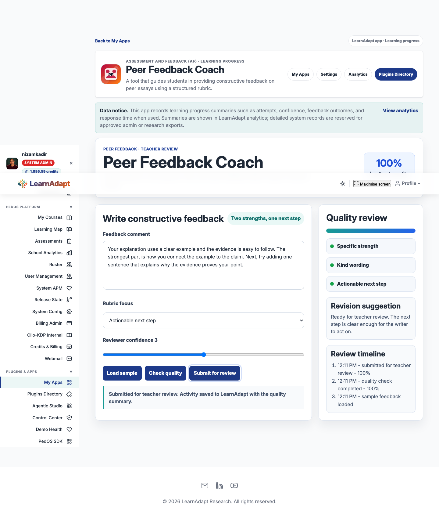 Peer Feedback Coach after a real installed-user interaction.