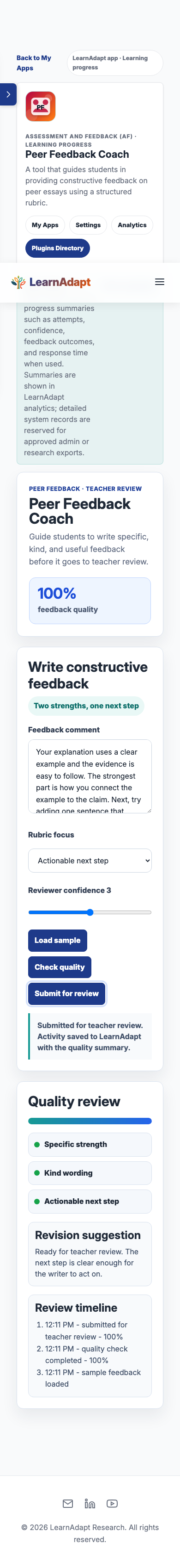 Peer Feedback Coach on a mobile-width installed view.
