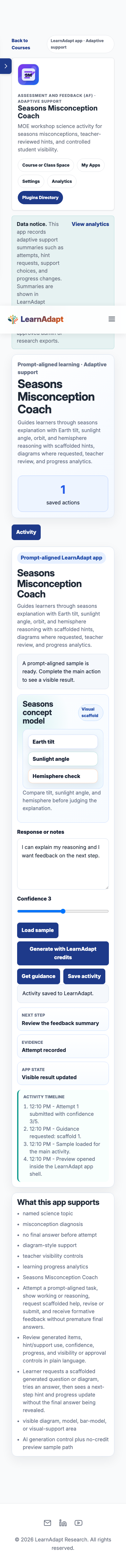 Seasons Misconception Coach on a mobile-width installed view.